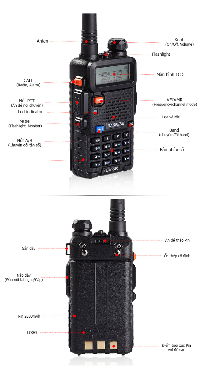 Bộ đàm Baofeng UV-5R phiên bản mới nhỏ gọn | Bộ đàm 2 băng tần số UHF/VHF kết hợp nghe đài FM và đèn pin chiếu sáng kèm tai nghe chuyên dụng cho bộ đàm - Hàng chính hãng