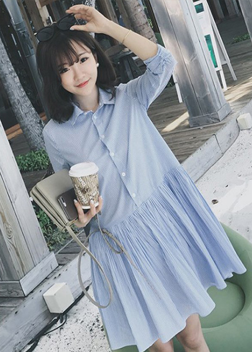 Đầm suông sơ mi nữ tay dài kẻ sọc mẫu mới 98