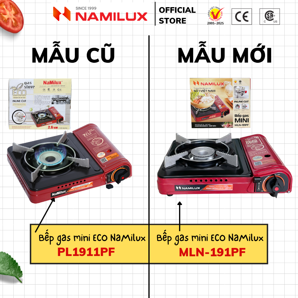 Bếp Gas Mini/ Du Lịch NaMilux MLN-191PF - Màu Đỏ│Van Ngắt Gas An Toàn Inline-Cut│Công Suất 2.6 Kw - Hàng Chính Hãng