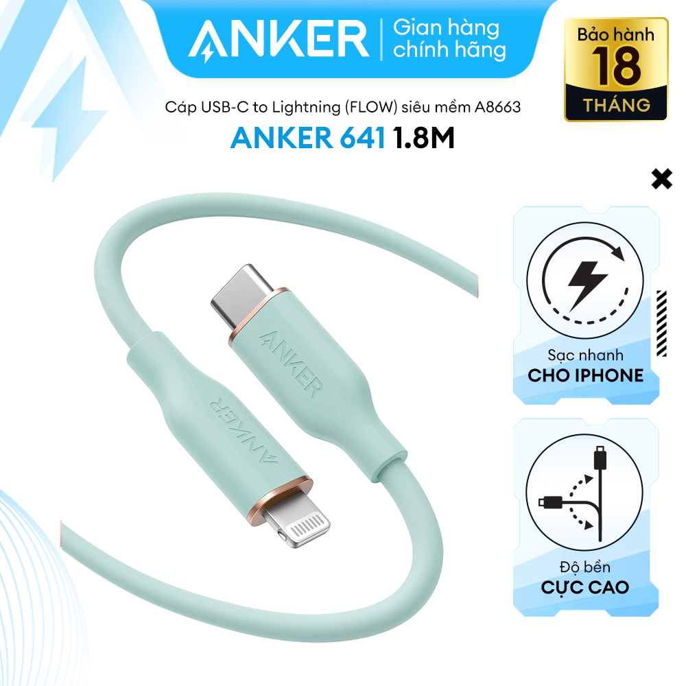 Cáp sạc ANKER PowerLine III Flow USB-C TO li.ght.ni.ng dài 1.8M - A8663 - Hỗ trợ sạc nhanh thông qua củ sạc PD hoặc PiQ 3.0