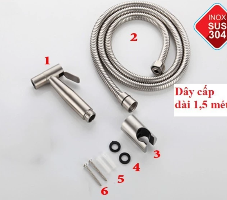 Trọn bộ đầy đủ vòi xịt vệ sinh INOX 304 gồm cả dây sen và đế cài ( Xịt bồn cầu inox 304 )