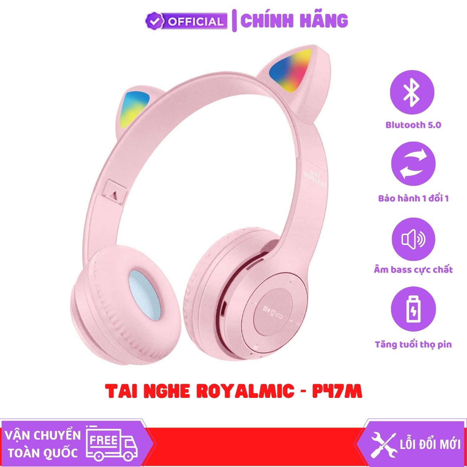 Tai Nghe Mèo Bluetooth ROYALMIC P47M Chụp Tai, Tai Mèo Dễ Thương Có Mic, Âm Bass Mạnh Mẽ - Hàng Chính Hãng