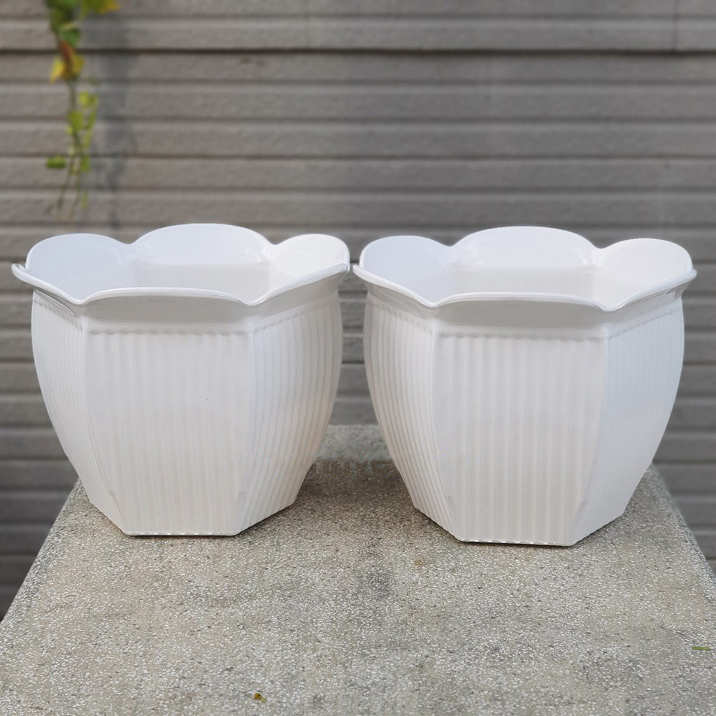 Bộ 2 chậu trồng hoa lục giác sọc màu trắng nhựa dày đẹp 26x20cm