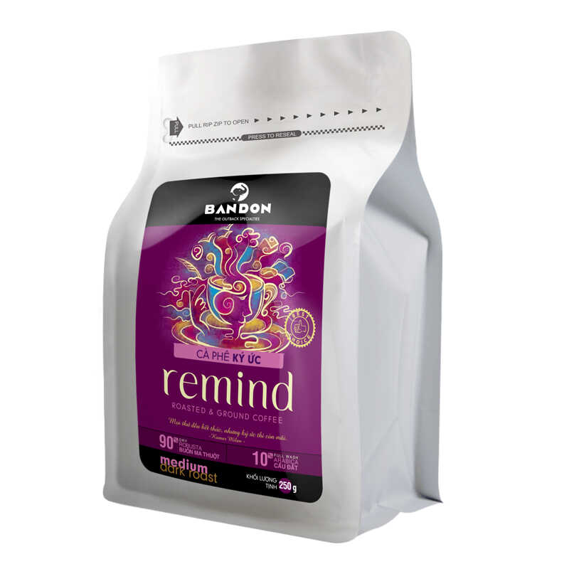 Cà phê phin nguyên chất rang xay mộc sạch BANDON REMIND 250g đắng đậm, thơm mạnh. Cà phê đặc sản
