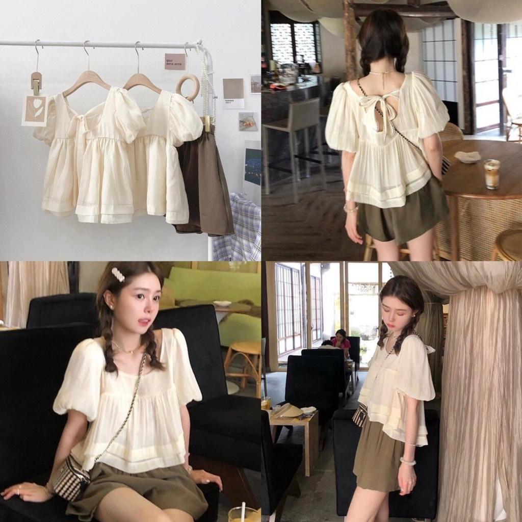 Đồ bộ nữ,Áo babydoll tay phồng, đồ bộ nữ kiểu thắt nơ siêu xinh xắn đi kèm quần short AO007
