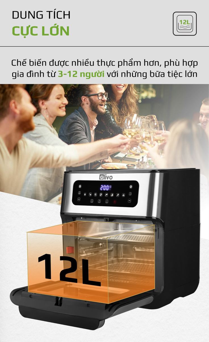 Nồi Chiên Không Dầu OLIVO AF12 - Hàng Chính Hãng - 8 Chức Năng - Dung Tích 12L - Công Suất 1800W - Thương Hiệu Mỹ