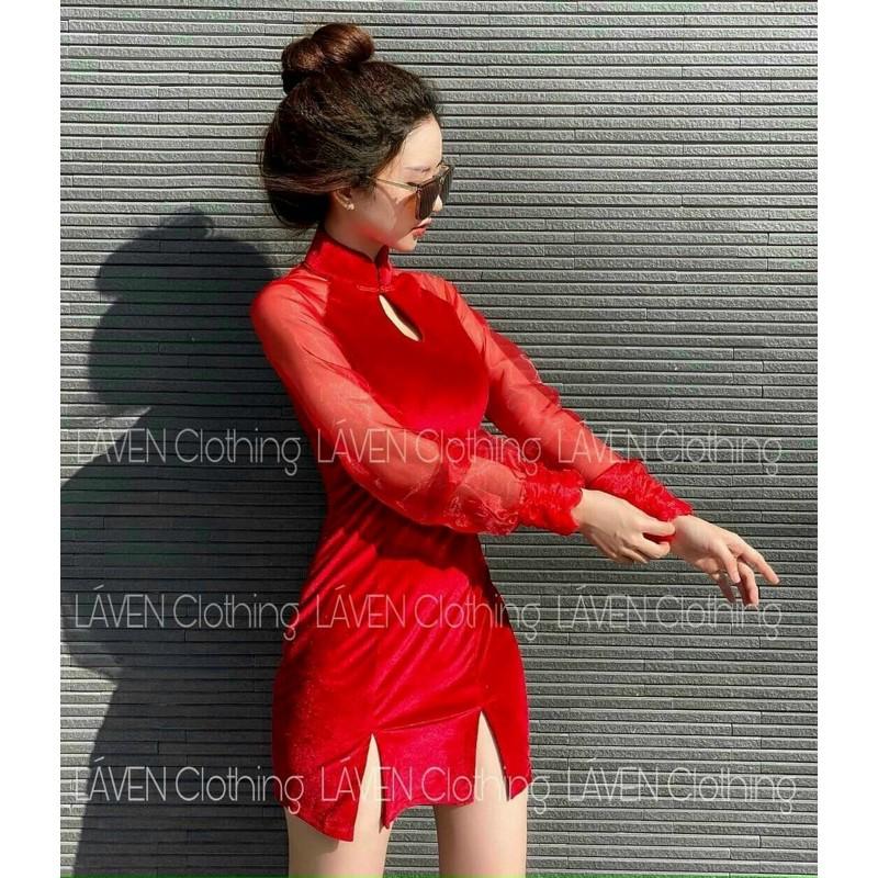 Đầm body cổ tàu giọt nước tay dài xẻ lai cực xinh