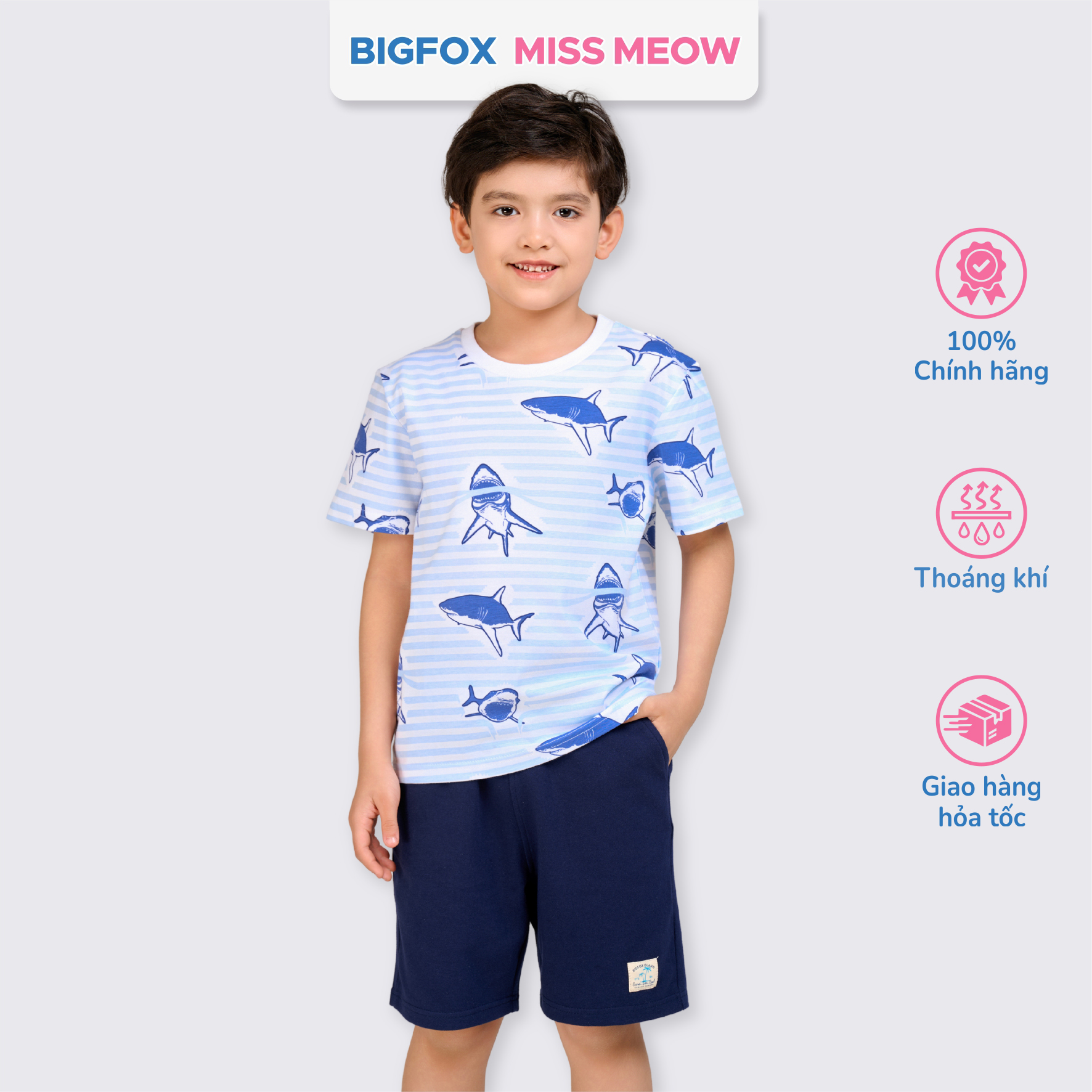 Bộ cotton bé trai Bigfox Miss Meow size đại cộc tay mùa hè in cá mập cỡ 3,7,9,11 tuổi 30kg 40kg