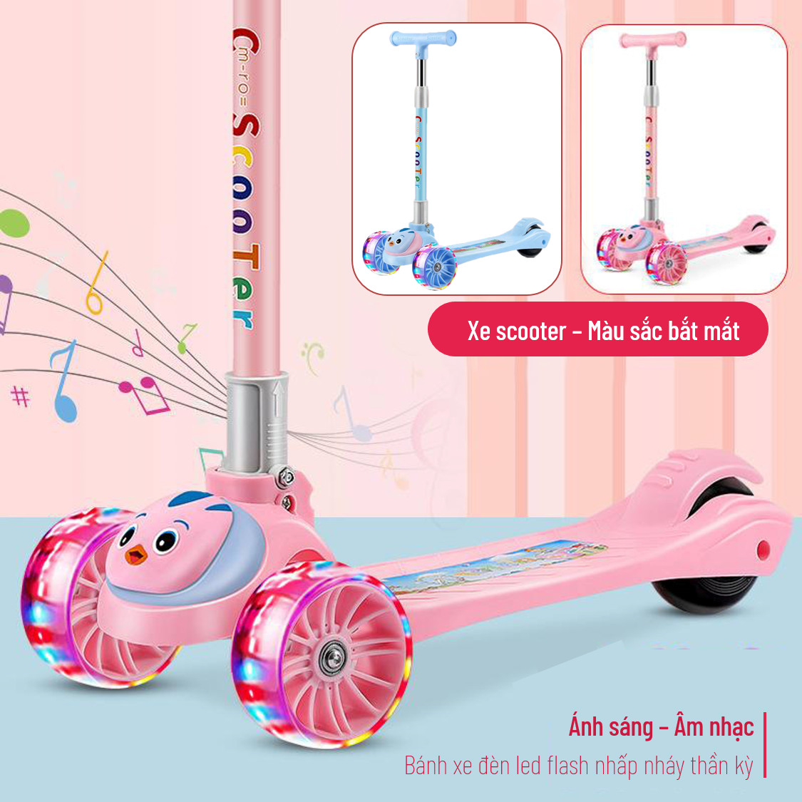 Xe Trượt Scooter Cho Bé - Có Đèn Led Phát Sáng - Phát Nhạc - Dành Cho Trẻ Em Từ 3 - 15 Tuổi, chất liệu nhựa PP thân thiện môi trường, gọn nhẹ, dễ dang mang theo