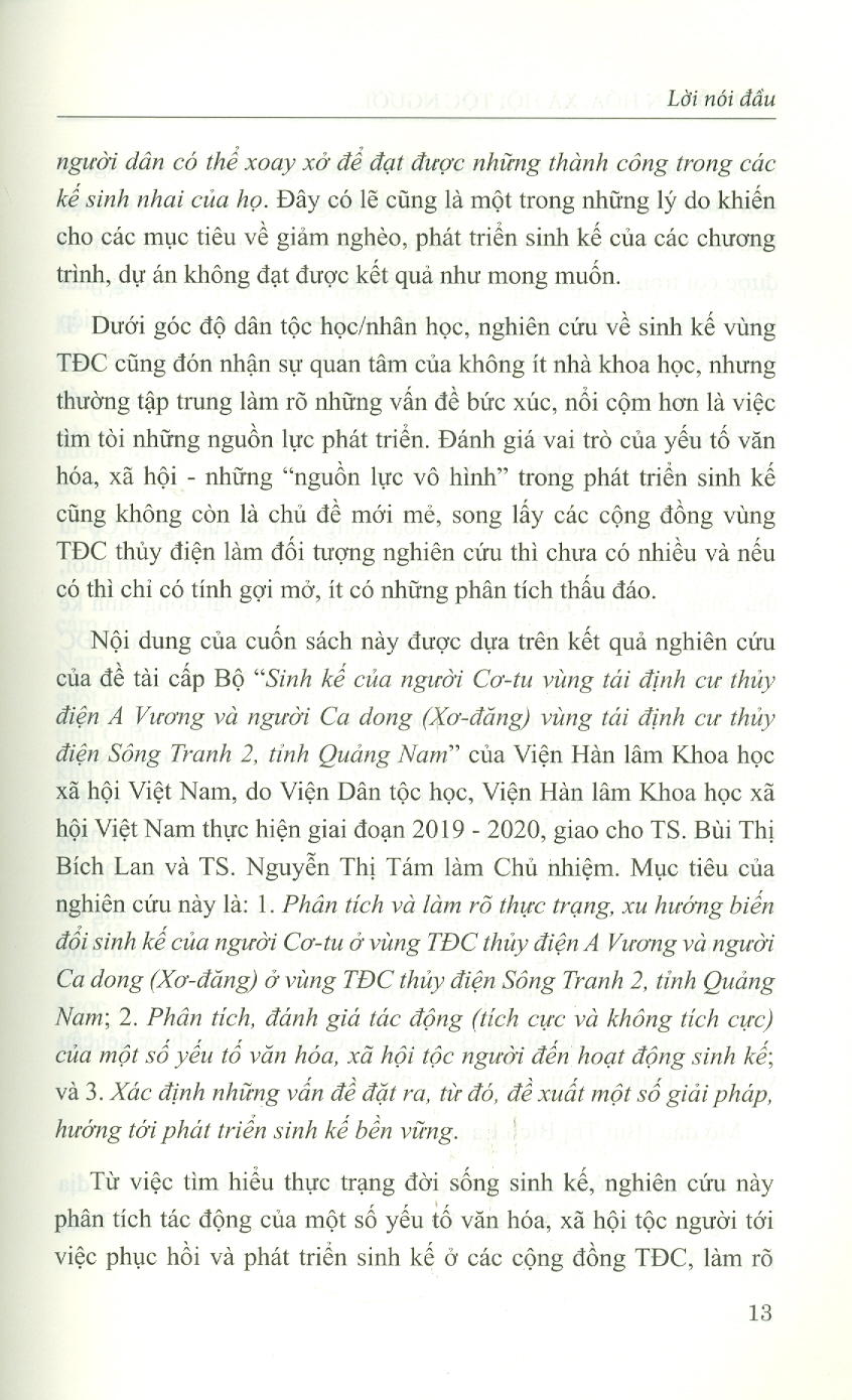 Yếu Tố Văn Hóa, Xã Hội Tộc Người Trong Đời Sống Sinh Kế Của Người Dân Vùng Tái Định Cư Thủy Điện (Sách chuyên khảo)