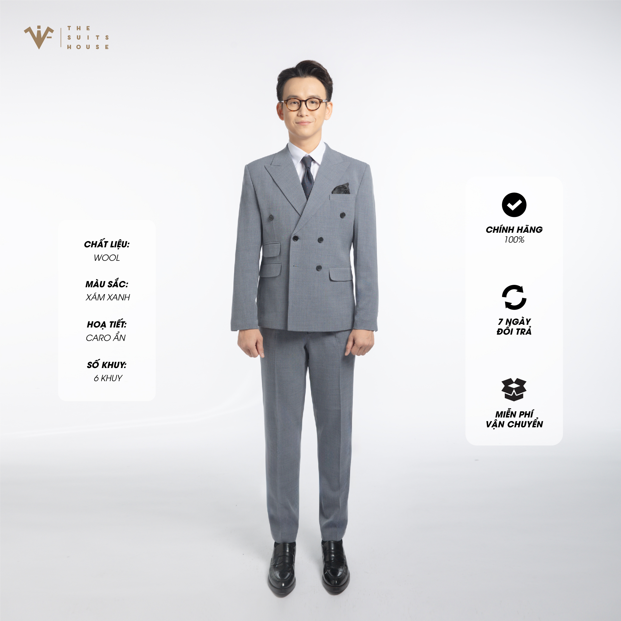 [CLASSY 2] SUIT NGUYÊN BỘ MÀU XÁM XANH CARO ẨN, 6 KHUY 3 TÚI, CHẤT LIỆU WOOL CAO CẤP, VẢI NOBILITY