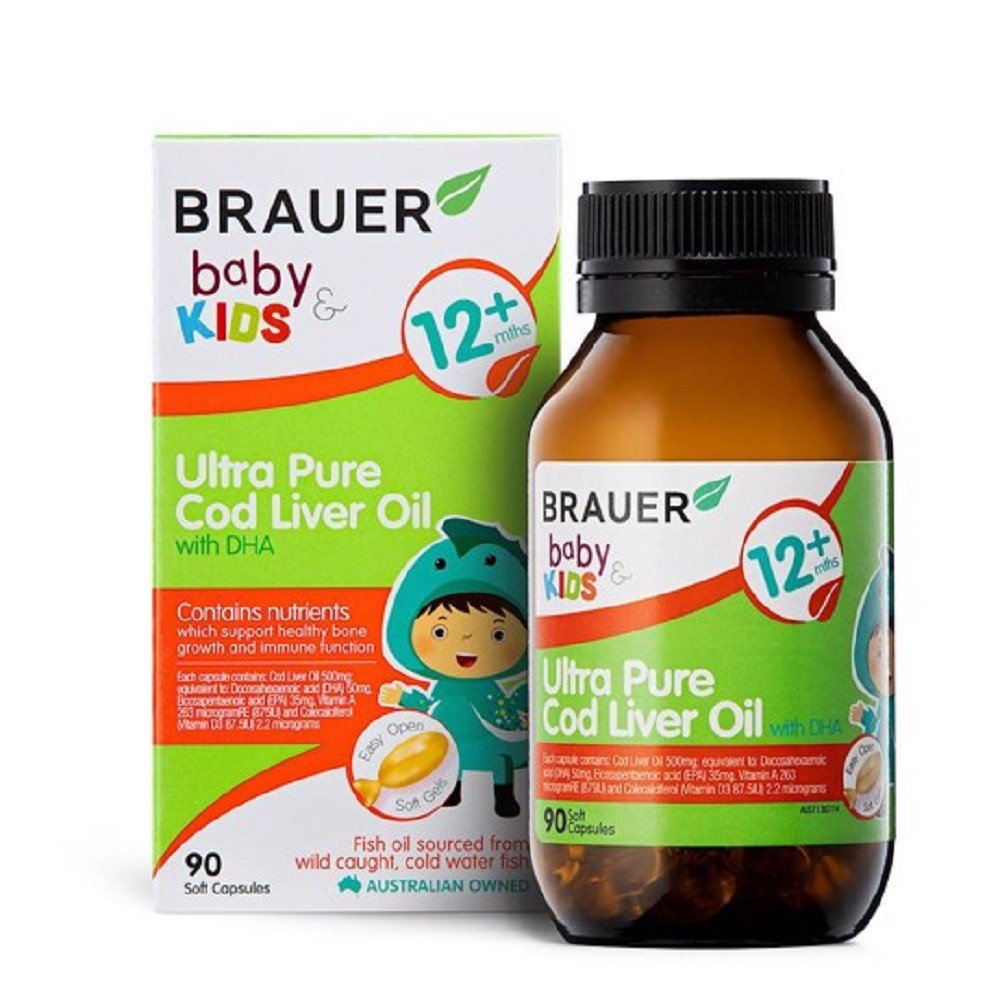 Dầu gan cá tuyết siêu tinh khiết kết hợp DHA Brauer cho bé trên 1 tuổi (90 viên)