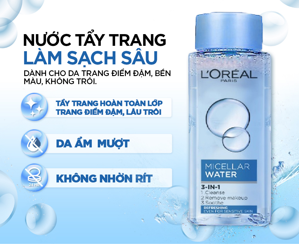 Nước tẩy trang cho mọi loại da L'Oreal Paris 3in1 Micellar Water 30ml