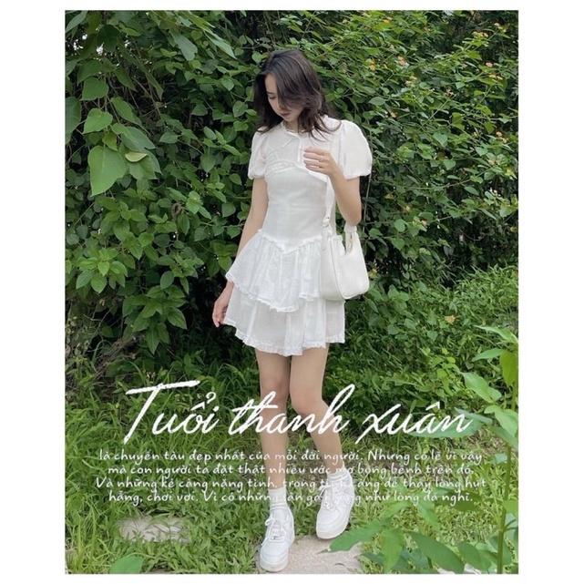 ĐẦM DÁNG XÒE Đầm trắng tầng viền bèo
