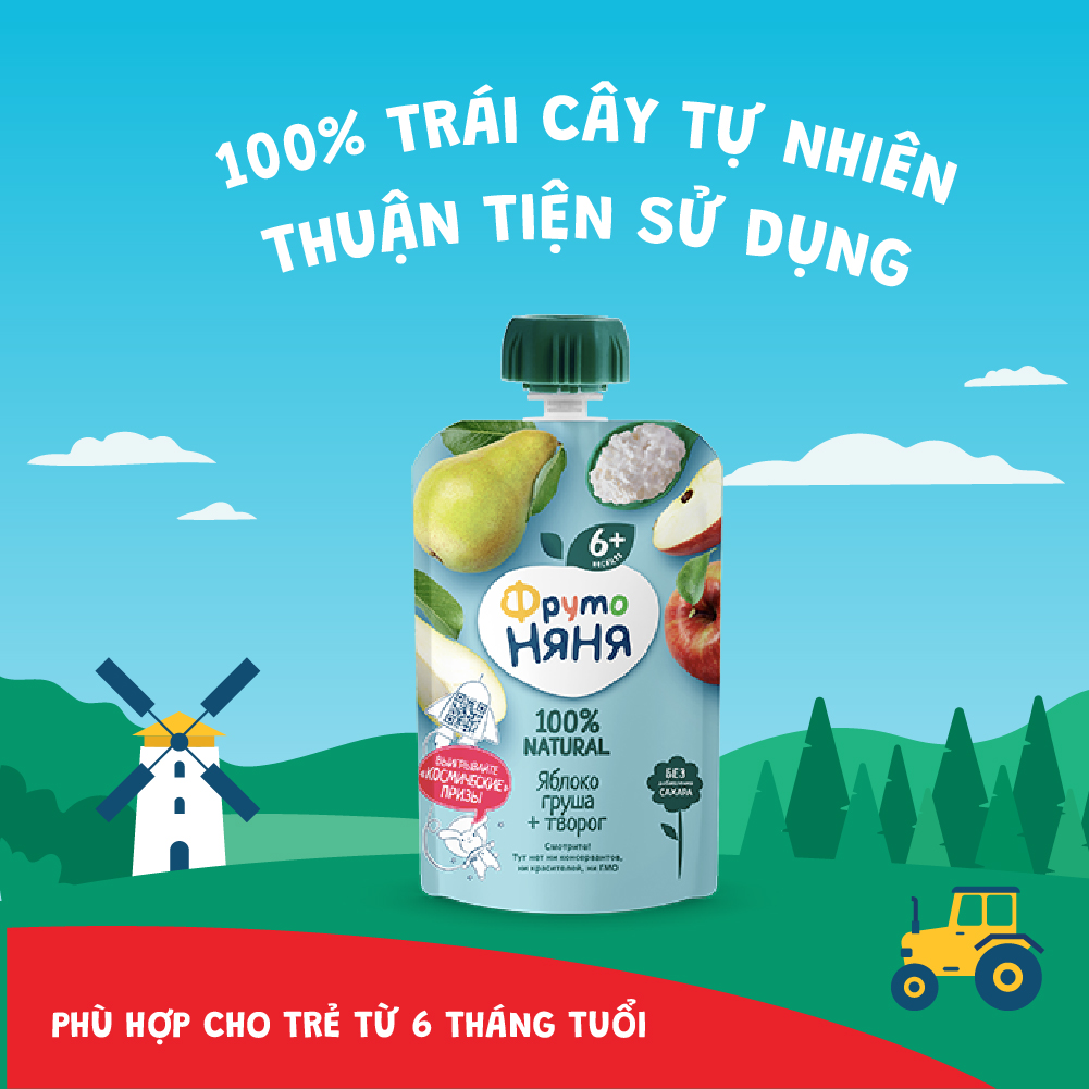 Combo 6 Gói Trái cây nghiền vị táo, lê và phomai tươi Fruto Nyanya 90g