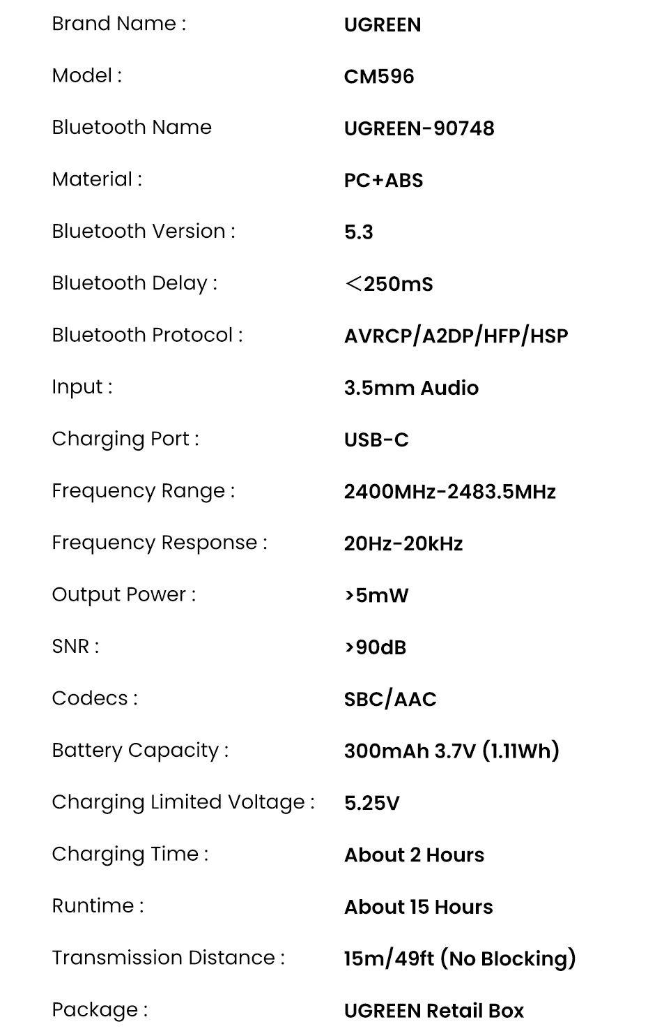 Ugreen UG90748CM596TK pin 15 tiếng xa 15M jack cắm Audio AUX 3.5mm Thiết bị nhận Bluetooth 5.3 hỗ trợ Kết nối cùng lúc 2 điện thoại - HÀNG CHÍNH HÃNG