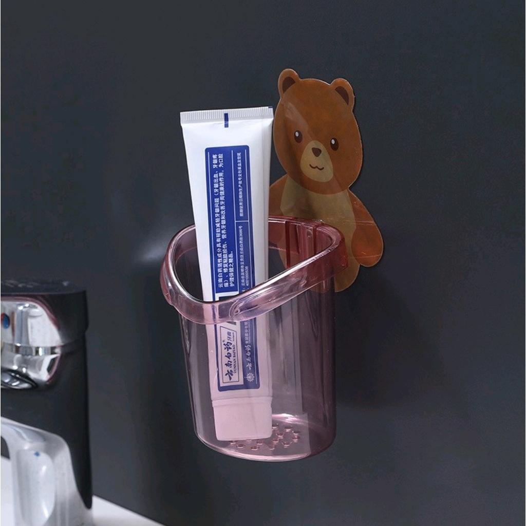 Cốc gấu dán tường đựng bàn chải đánh răng, cốc gấu nâu đựng kem đánh răng