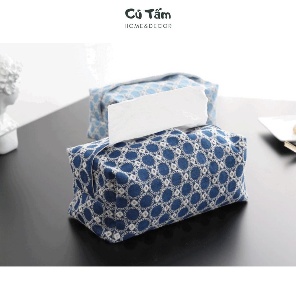 (Mới về) Hộp đựng giấy ăn, hộp đựng khăn ăn bằng vải cotton - tone xanh