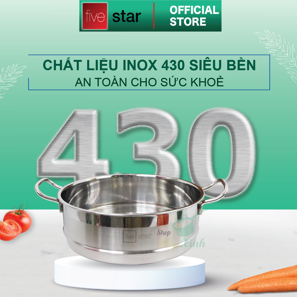 Bộ nồi xửng hấp inox 430 FiveStar Standard 3 đáy bếp từ nắp kính tặng 2 muỗng canh