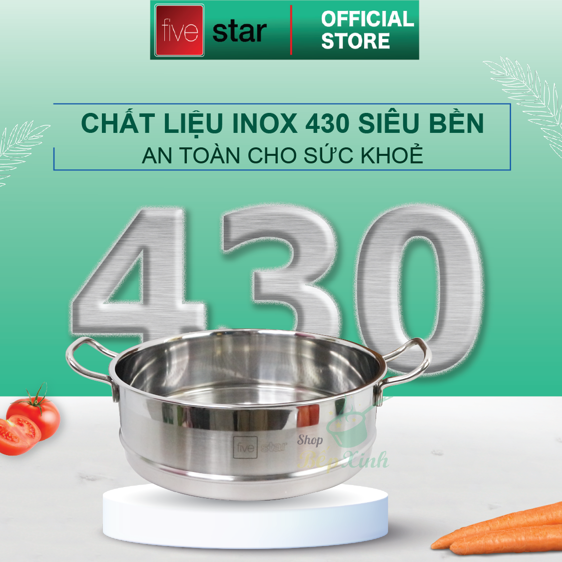 Bộ nồi xửng hấp inox 430 FiveStar Standard 3 đáy bếp từ nắp kính tặng 2 muỗng canh ( 26cm/28cm/30cm/32cm)