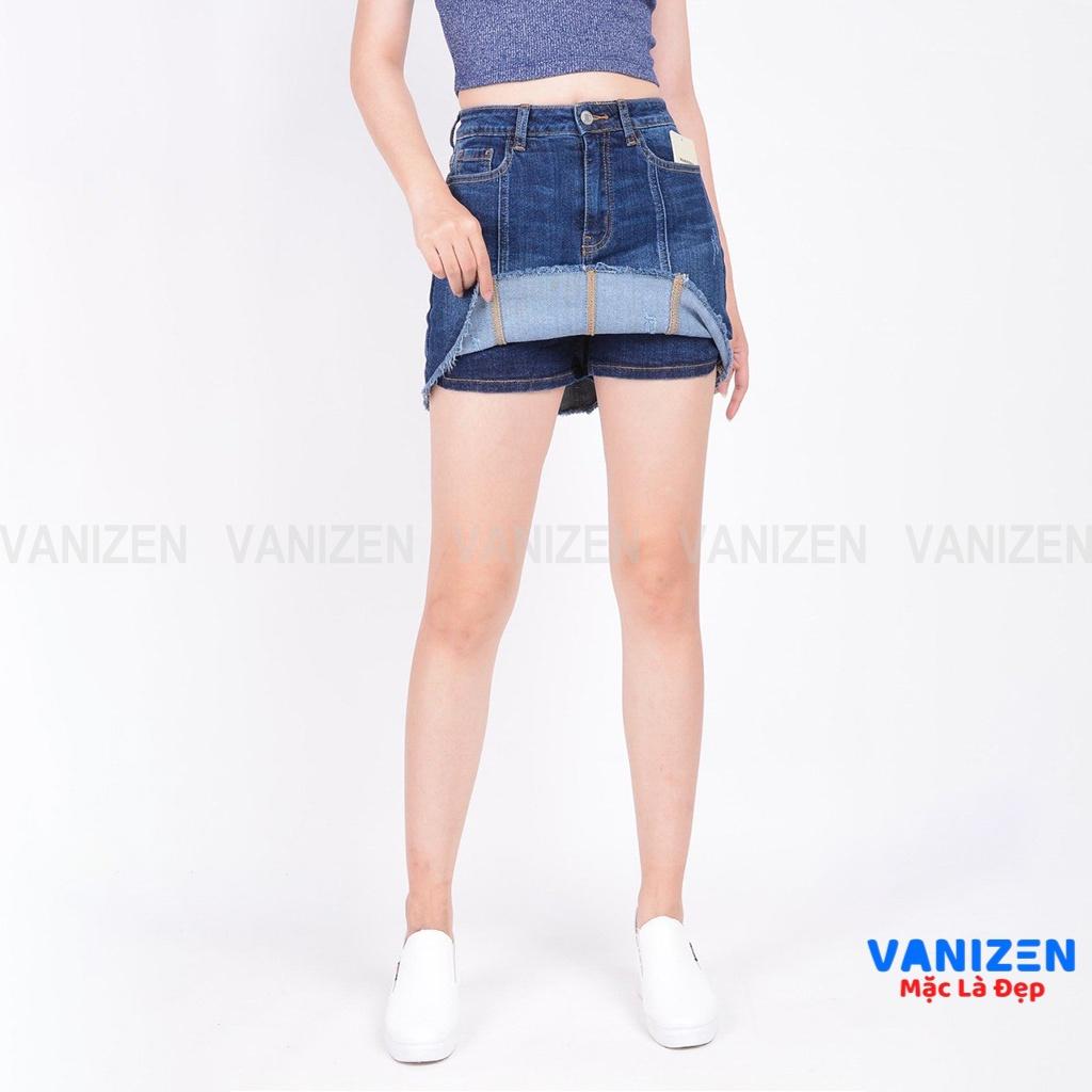 Chân váy jean nữ có quần bên trong đẹp lưng cao cạp cao xước nhẹ gân gấu tua rua hàng cao cấp mã 4160 VANIZEN