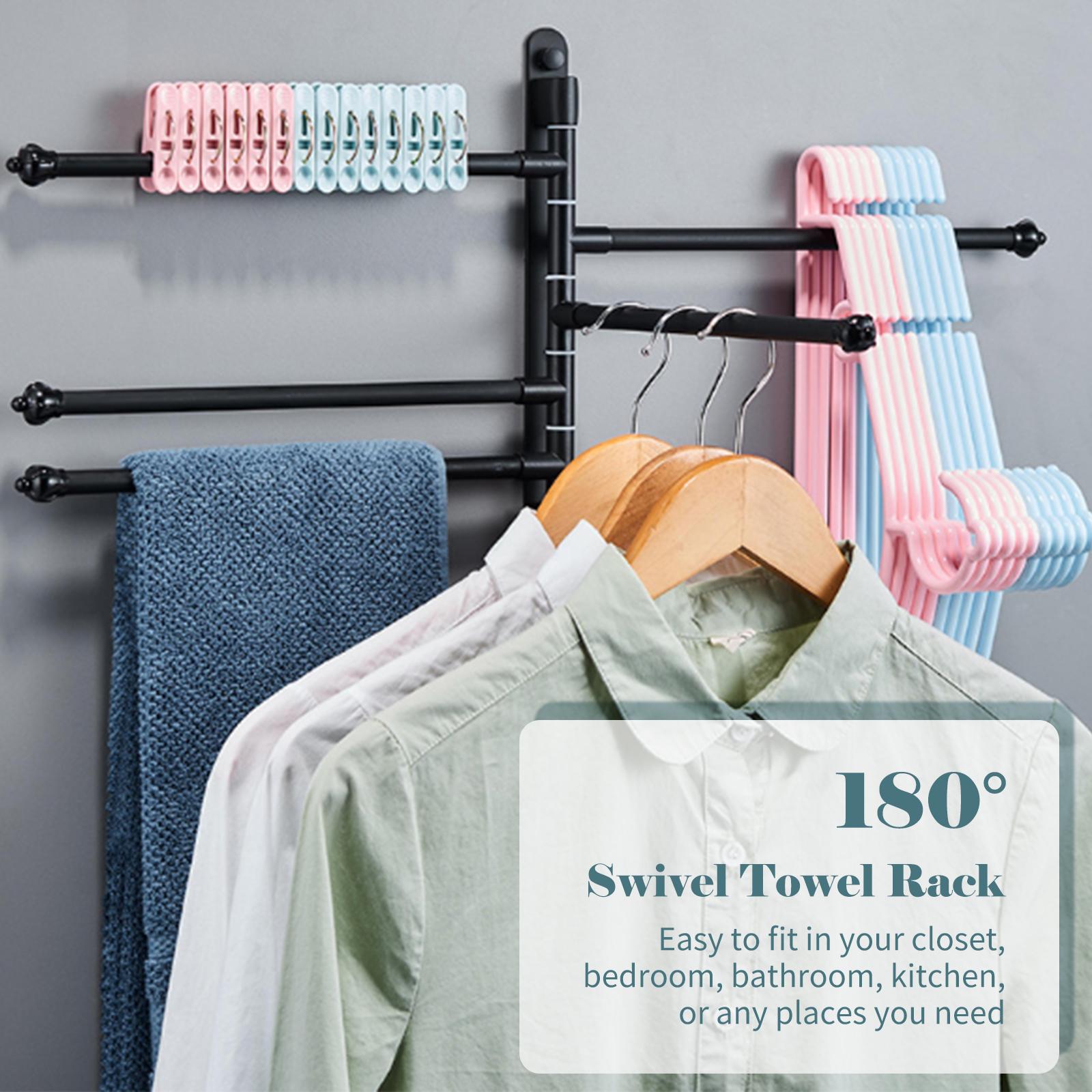 Swivel Out Towel Racks with Hooks Foldable Arms Bath Towel Hanger Wall Mount Towel Bar Aluminum Towel Holder Organizer
