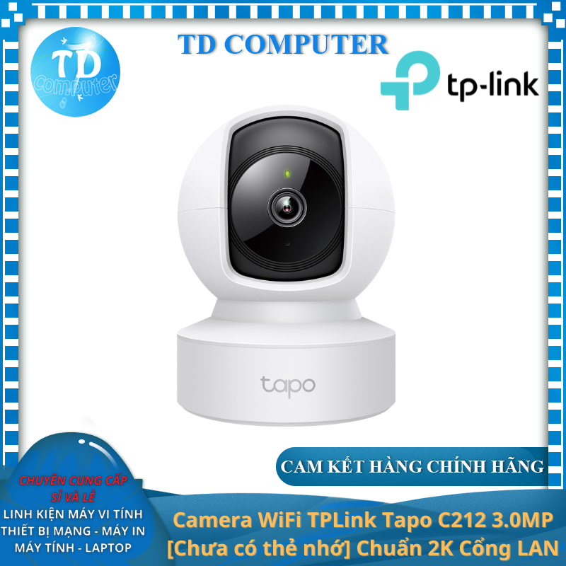 Camera WiFi TPLink Tapo C212 3.0MP [Chưa có thẻ nhớ] Chuẩn 2K Đèn hồng ngoại Âm thanh 2 chiều Quay 360° Hỗ trợ cổng LAN - Hàng chính hãng FPT phân phối