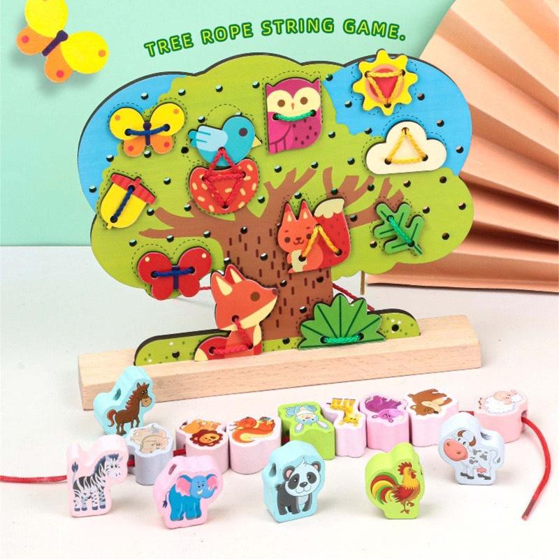 Đồ chơi Montessori Puzzle hạt gỗ luồn cây-dụng cụ dạy học toán tương tác trẻ em