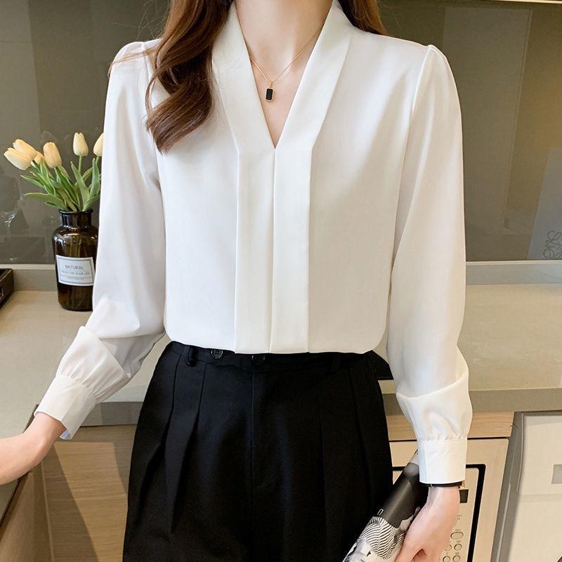 Áo Sơ Mi Trắng Nữ Cổ V RYMOLA Tay Dài Kiểu Cao Cấp Thiết Kế Dáng Công Sở Chất Lụa Không Nhăn MSA CỔ V