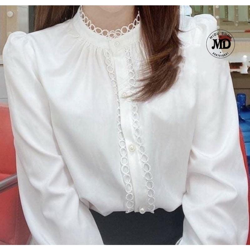 Áo sơ mi trắng lụa viền ren, tay dài