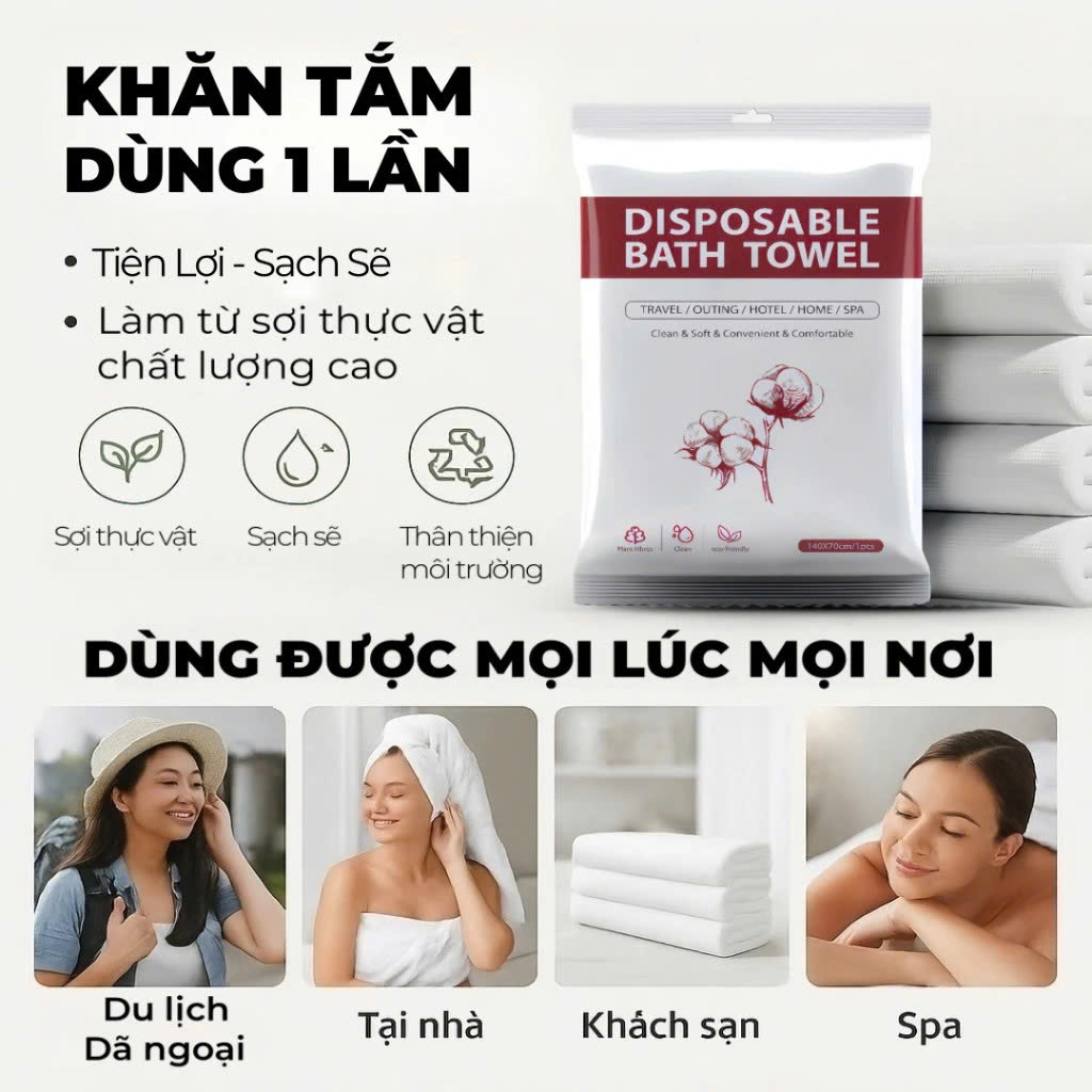 Khăn tắm nén du lịch (70x140cm) bằng cotton thấm hút tốt, dùng một lần tiện lợi - Chính hãng