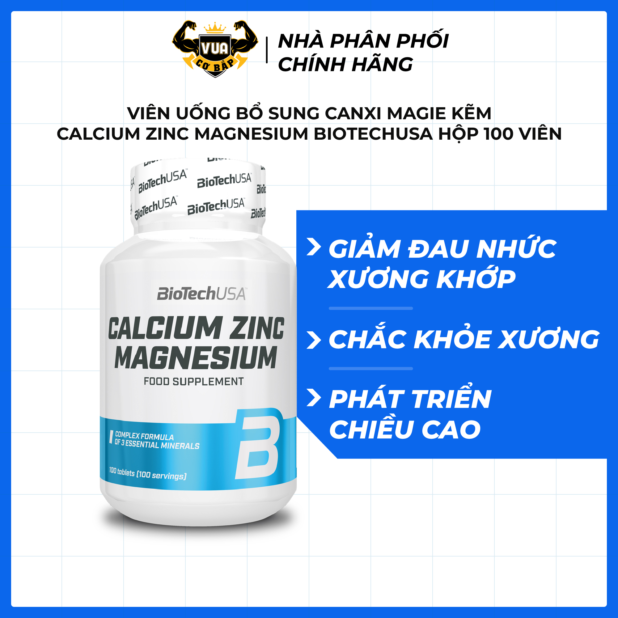 Viên Uống Bổ Sung Canxi Magie Kẽm Calcium Zinc Magnesium BiotechUSA Hộp 100 Viên