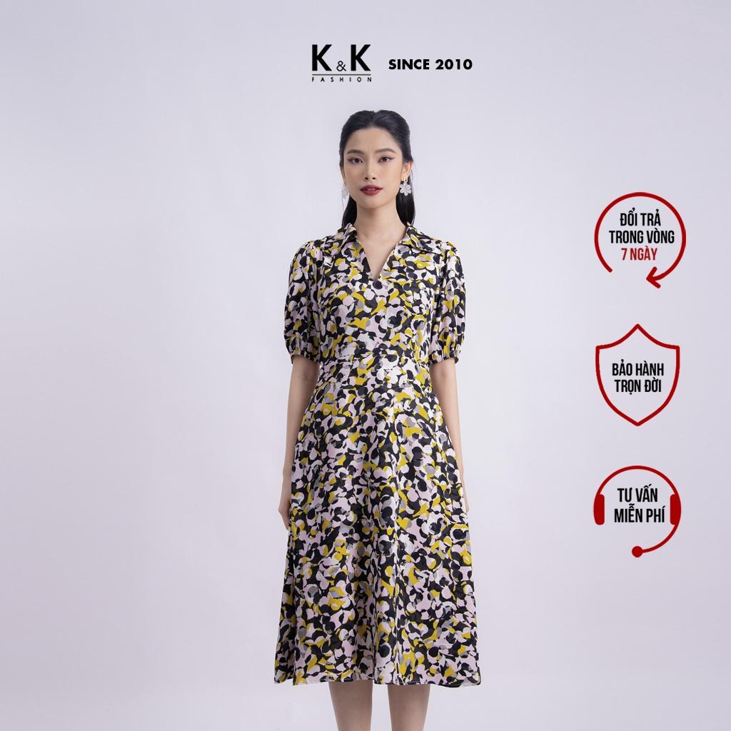 Đầm Xòe Họa Tiết Cổ V Tay Lỡ K&amp;K Fashion KK118-38 Chất Liệu Tằm Ý