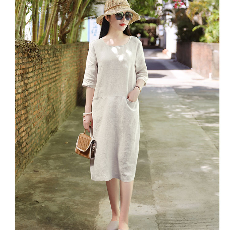 Đầm suông linen tay lỡ 2 túi bổ trước ArcticHunter, chất vải linen mềm mát, thời trang xuân hè 2021