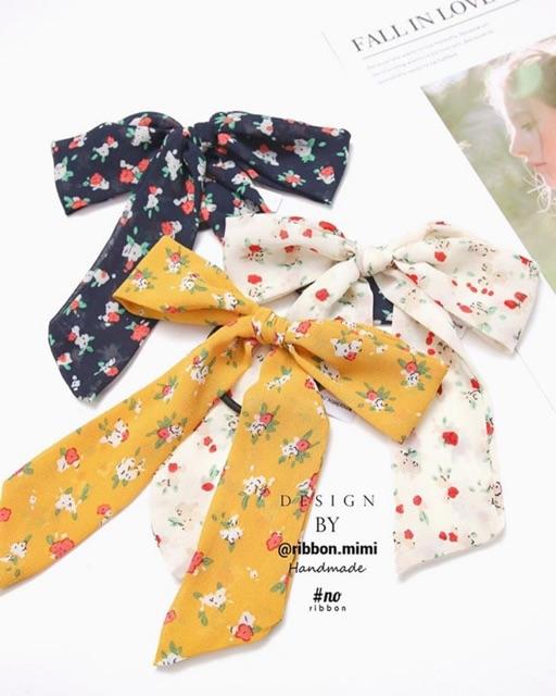 Kẹp Tóc Nơ Vải Hoa Đuôi Dài Handmade Cao Cấp Ribbon.mimi Petal cột / kẹp