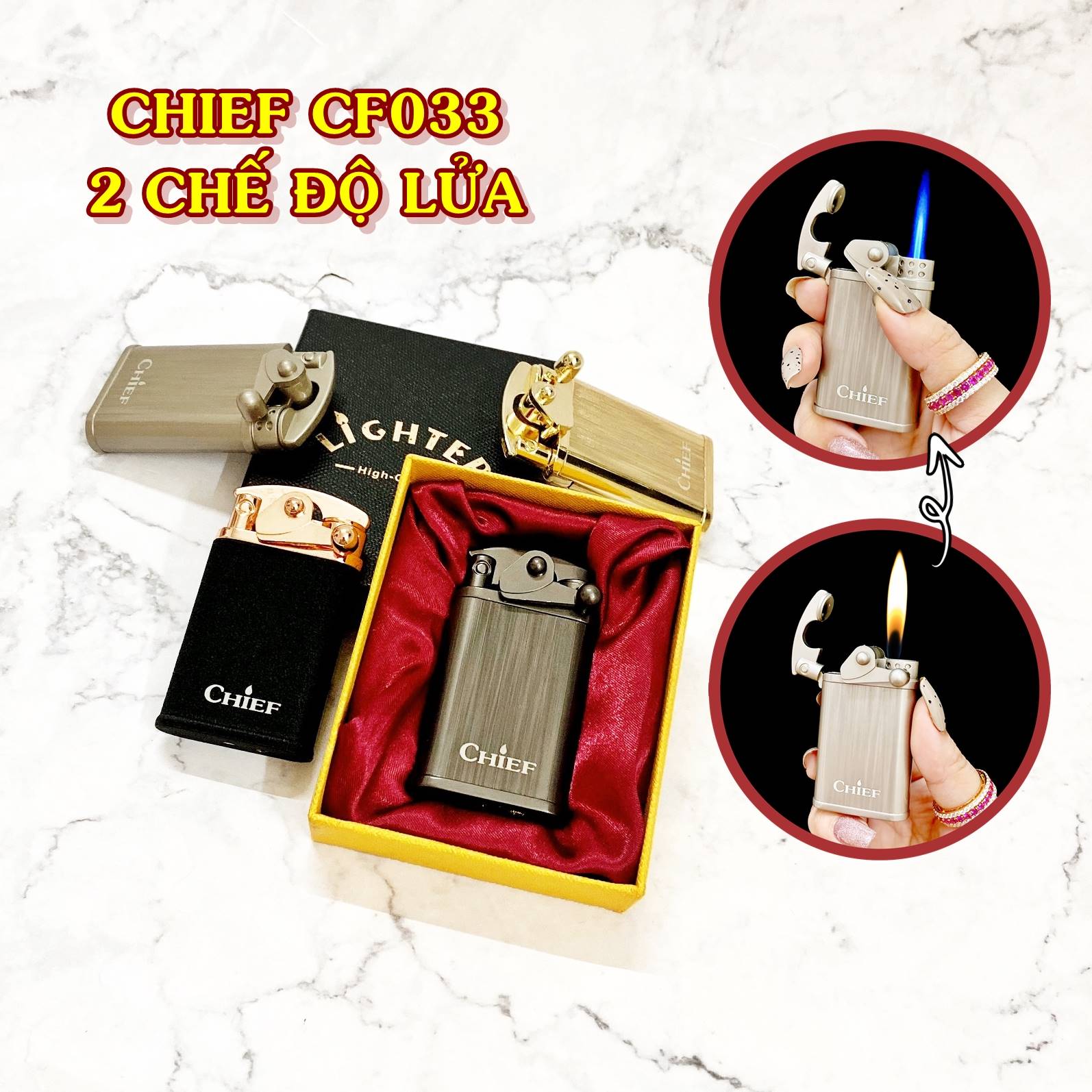 Hộp quẹt bật lửa Chief 2 chế độ lửa CF033 (lửa khè và lửa ngọn) búng tay đánh lửa - (xài gas)