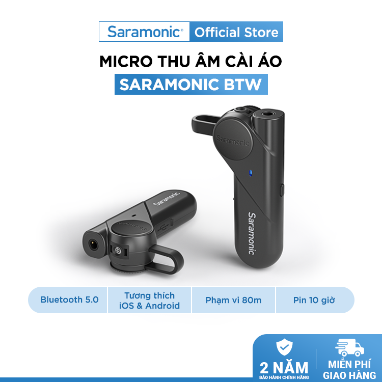 Micro Thu Âm Cài Áo Không Dây Saramonic Lavalier BTW - Kết Nối Bluetooth Với Điện Thoại, Máy Tính - Hàng Chính Hãng