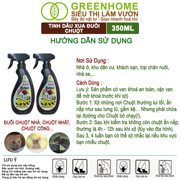 Tinh Dầu Xua Đuổi Chuột Greenhome, ASA Rapel, Chai 350ml, Thảo Mộc, An Toàn Cho Người Và Vật Nuôi