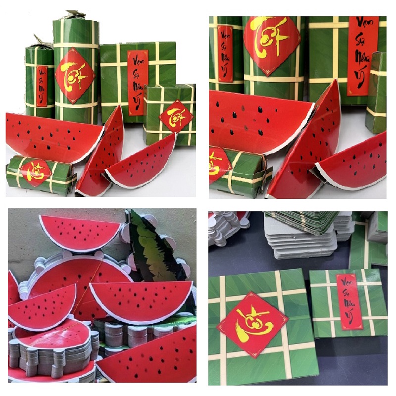 Bánh chưng bánh tét miếng dưa hấu trang trí Tết gấp gọn.