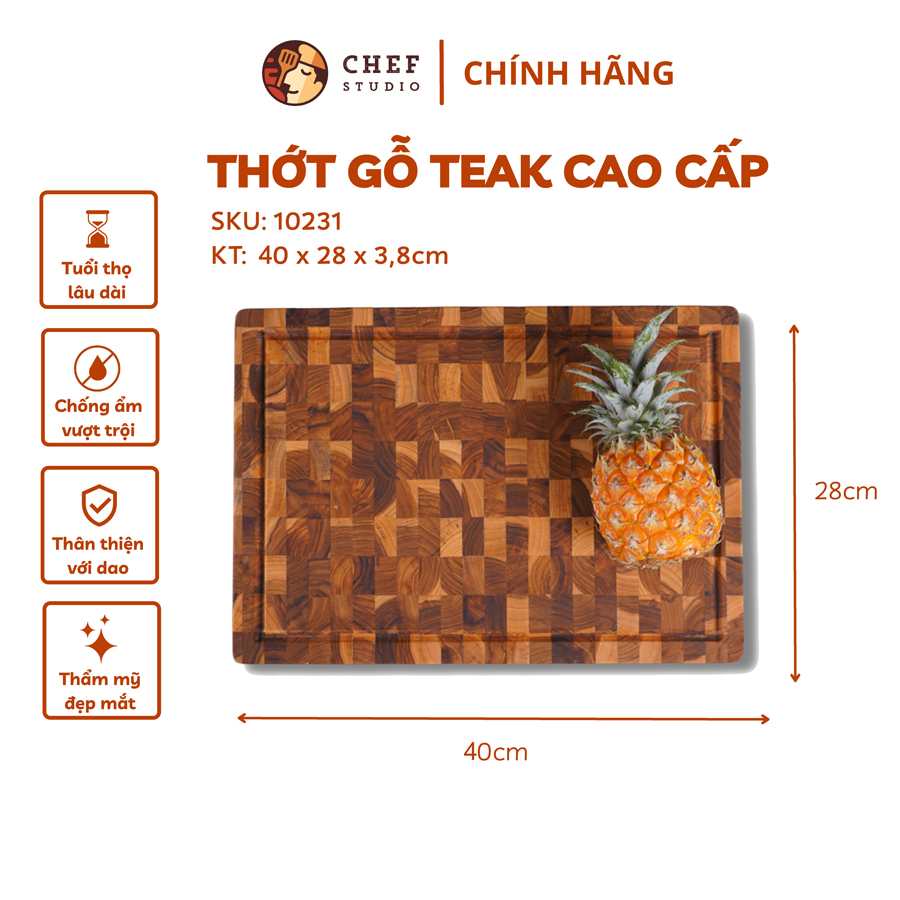 [Chính hãng] Thớt gỗ Teak Chef Studio hình chữ nhật, kích thước 28 x 40 x 3,5 cm - MSP10231. Dùng cắt, thái, khay trưng bày thực phẩm.