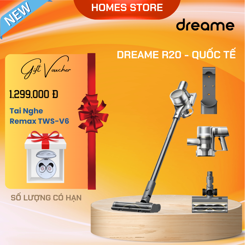 Máy Hút Bụi Không Dây Cầm Tay DREAME R20 Lực Hút Cực Mạnh 27.000 Pa Thời Gian Làm Việc 60 Phút Diện Tích Hoạt Động 150m2 Công Suất 570 W - Hàng Chính Hãng