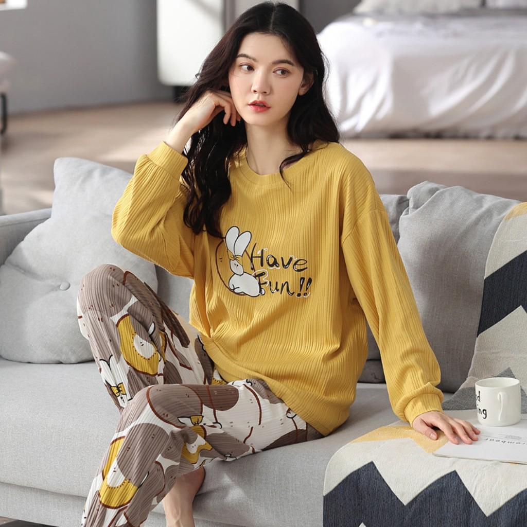 Bộ đồ ngủ, đồ ngủ nữ pijama thu đông dài tay cotton phong cách Hàn Quốc cực dễ thương