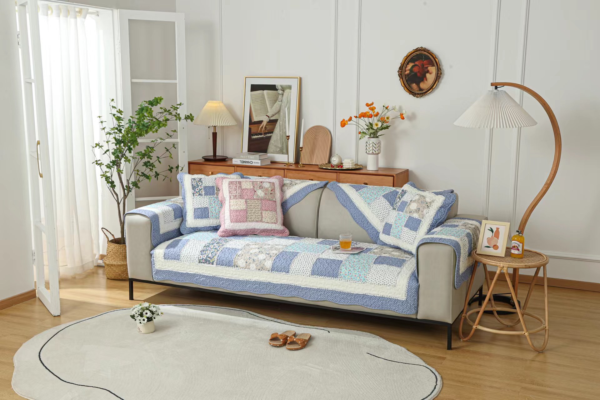 Thảm sofa - Ô vuông viền xanh dương - TSF118