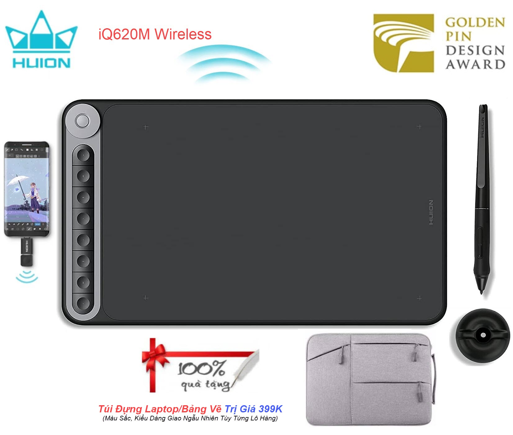 Quà Tặng Kèm Trị Giá 399K - Bảng Vẽ Điện Tử HUION iQ620M Kết Nối Không Dây Wireless 2.4G(hỗ trợ Android và máy tính) - Hàng Chính Hãng Huionl Dial Q620M Graphic Drawing Tablet 266PPS Wireless Connection Digital Pen Tablet with Dial for PC and Android