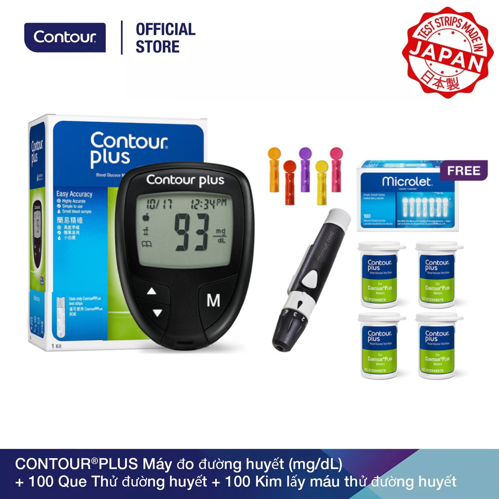 Bộ sản phẩm 1 Máy đo đường huyết CONTOUR PLUS và 100 Que thử đường huyết và 100 Kim lấy máu thử đường huyết