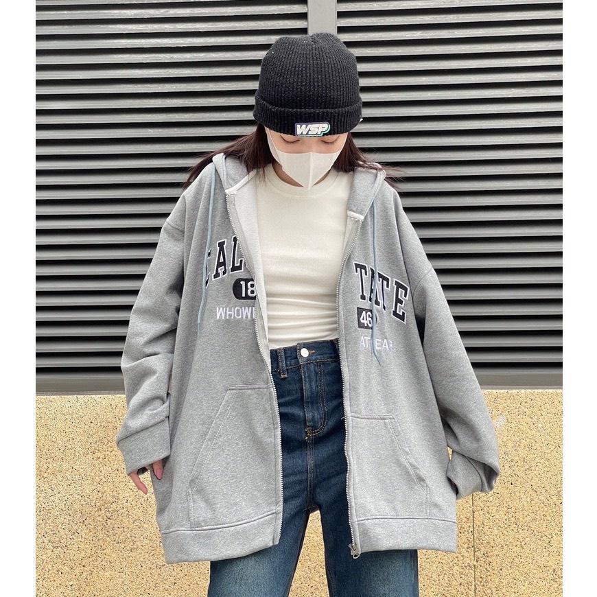 Áo khoác Hoodie nỉ bông dây kéo thêu chữ TATE form rộng unisex nam nữ Vuasivuare