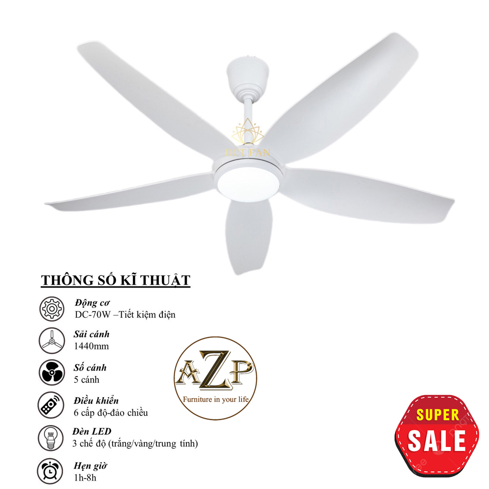 Siêu Sales QUẠT TRẦN AZP- 5 CÁNH NHỰA, CÔNG XUẤT 70W, CÓ REMOTE- Hàng Nhập Khẩu