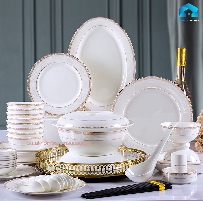 Bộ đồ ăn Họa Ảnh 56 món bằng sứ xương cao cấp, họa tiết viền tinh xảo, sang trọng, phong cách Bắc Âu.