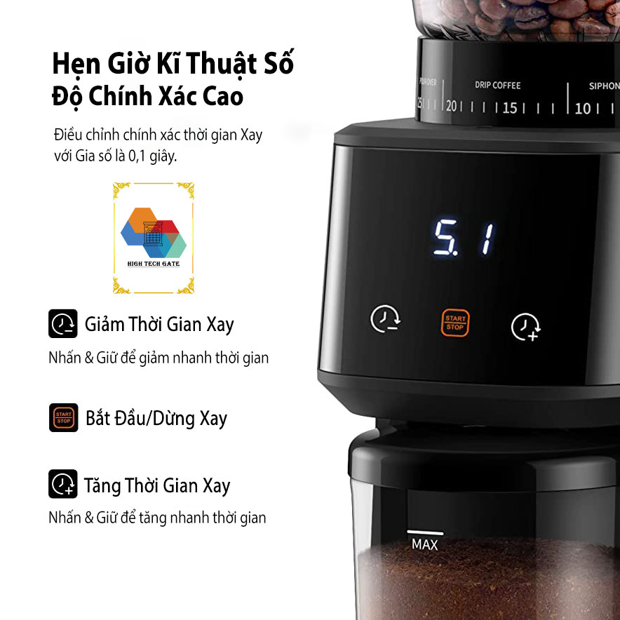 Máy xay cà phê HTG CG015 lưỡi dạng nón, 31 cấp độ xay mịn đa năng, pha chế cho máy pha espresso đồng nhất, tích hợp 2 vòng đệm tránh rơi vãi