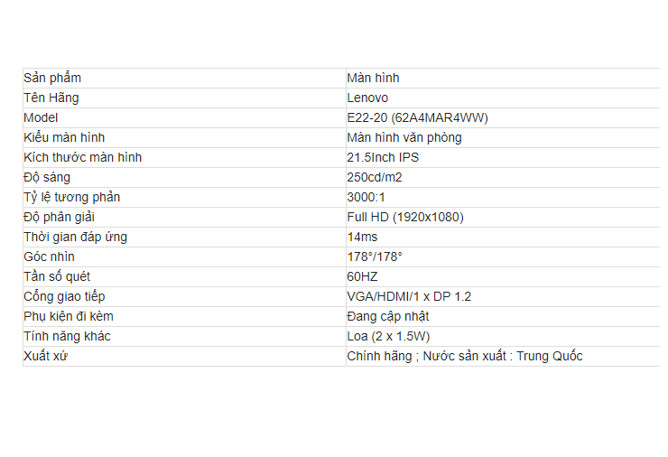 Màn hình máy tính Lenovo ThinkVision E22-20 Full HD (62A4MAR4WW) 21.5 tích hợp loa - Hàng chính hãng